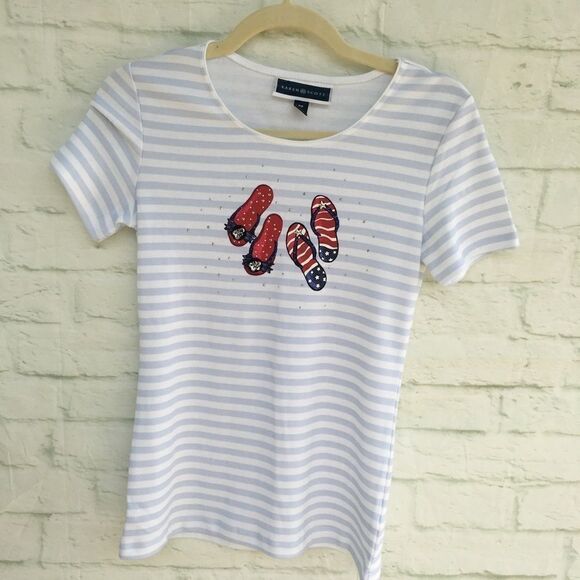 Karen Scott Blue Stripe Sequin Flip Flops Tee P - Picture 2 of 12